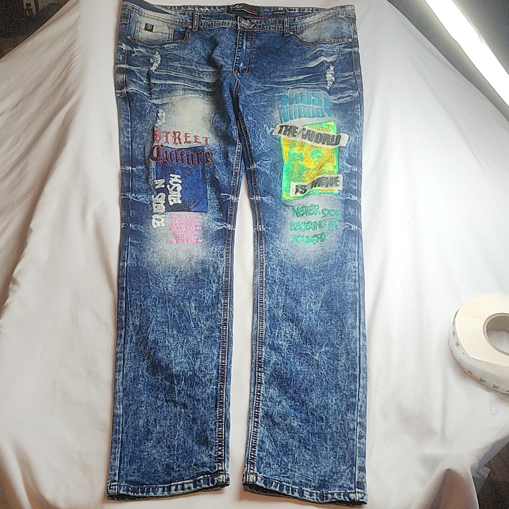 Remarkable Jeans Street Culture Graphic Acid Wash Distressed Men's Size 42x34